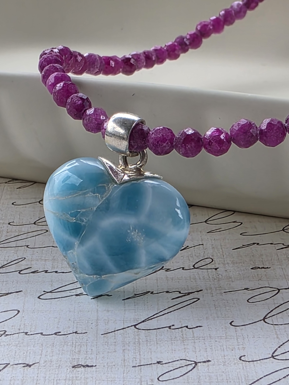 Blue Heart Larimar Pendant Necklace with Ruby Pink Beaded Strand